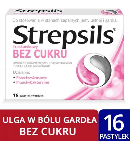 Strepsils tabletki do ssania na ból gardła truskawkowy bez cukru 16 pastylek