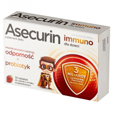 Asecurin Immuno dla dzieci tabletki do ssania o smaku truskawkowym, 30 szt.