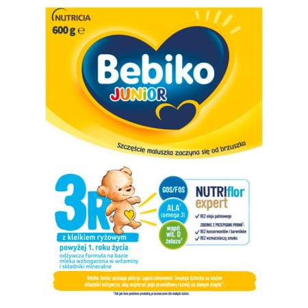 Bebiko Junior 3R NUTRIflor Expert Odżywcza formuła na bazie mleka z kleikiem ryżowym dla dzieci powyżej 1. roku życia 600 g