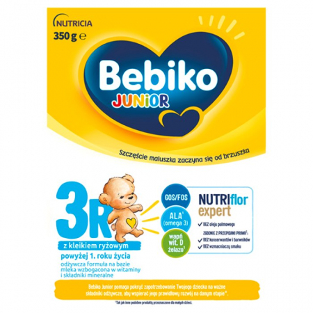 Bebiko Junior 3R NUTRIflor Expert Odżywcza formuła na bazie mleka z kleikiem ryżowym dla dzieci powyżej 1. roku życia 350 g