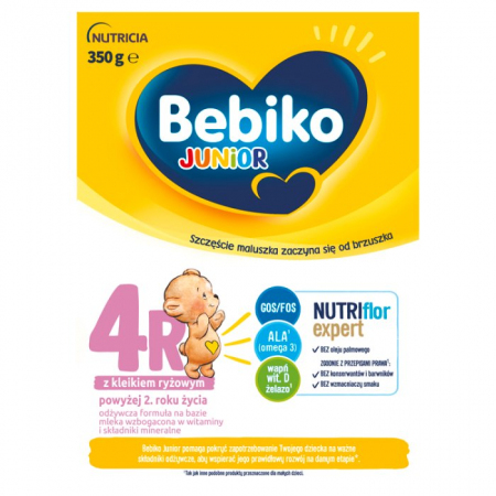 Bebiko Junior 4R NUTRIflor Expert Odżywcza formuła na bazie mleka z kleikiem ryżowym dla dzieci powyżej 2. roku życia 350 g