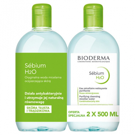 BIODERMA SEBIUM H2O Płyn micelarny do oczyszczania i demakijażu 2 x 500 ml ZESTAW!!
