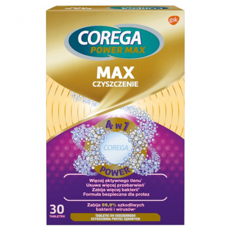 Corega Max Czyszczenie tabletki do czyszczenia protez zębowych, 30 szt.