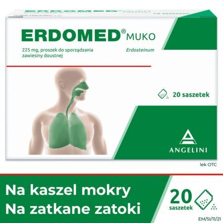 Erdomed Muko, 225 mg, lek na kaszel mokry i zatkane zatoki, proszek do sporządzania zawiesiny doustnej, 20 saszetek