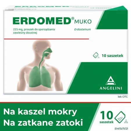 Erdomed Muko, 225 mg, lek na kaszel mokry i zatkane zatoki, proszek do sporządzania zawiesiny doustnej, 10 saszetek