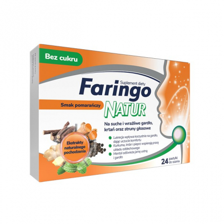 Faringo Natur pastylki do ssania na gardło smak pomarańcza, 24 szt.