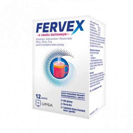 Fervex (smak malinowy) 12 saszetek z rposzkiem do sporządzenia roztworu