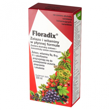 Floradix żelazo i witaminy w płynie na objawy niedoborów, 500 ml