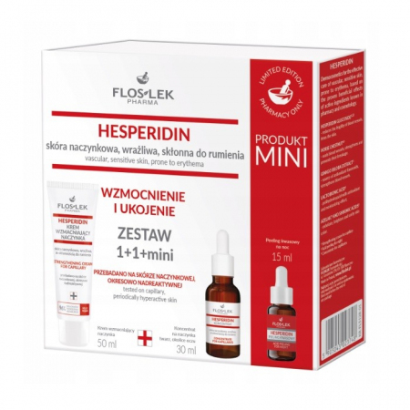 Flos-Lek Hesperidin Zestaw: krem wzmacniający naczynka, 50 ml + koncentrat na naczynka, 30 ml + mini peeling kwasowy na noc, 15 ml