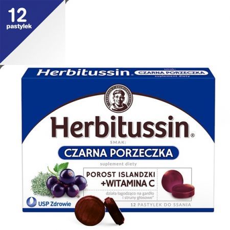Herbitussin Porost islandzki + Witamina C (smak czarna porzeczka) 12 pastylek do ssania