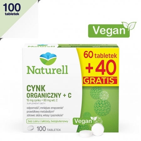 Naturell Cynk organiczny + C 60 tabletek + 40 tabletek gratis!