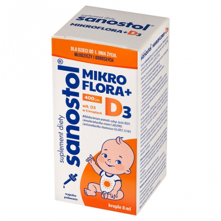 Sanostol Mikroflora + D3 krople dla dzieci i dorosłych na odporność, 8 ml
