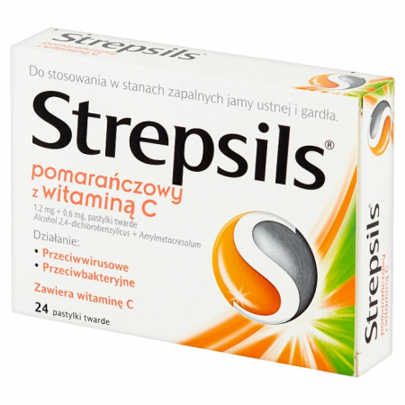 Strepsils tabletki do ssania na ból gardła pomarańczowy z witaminą C 24 pastylki