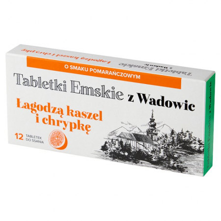 Tabletki Emskie z Wadowic (smak pomarańczowy) 12 pastylek do ssania / Chrypka i kaszel
